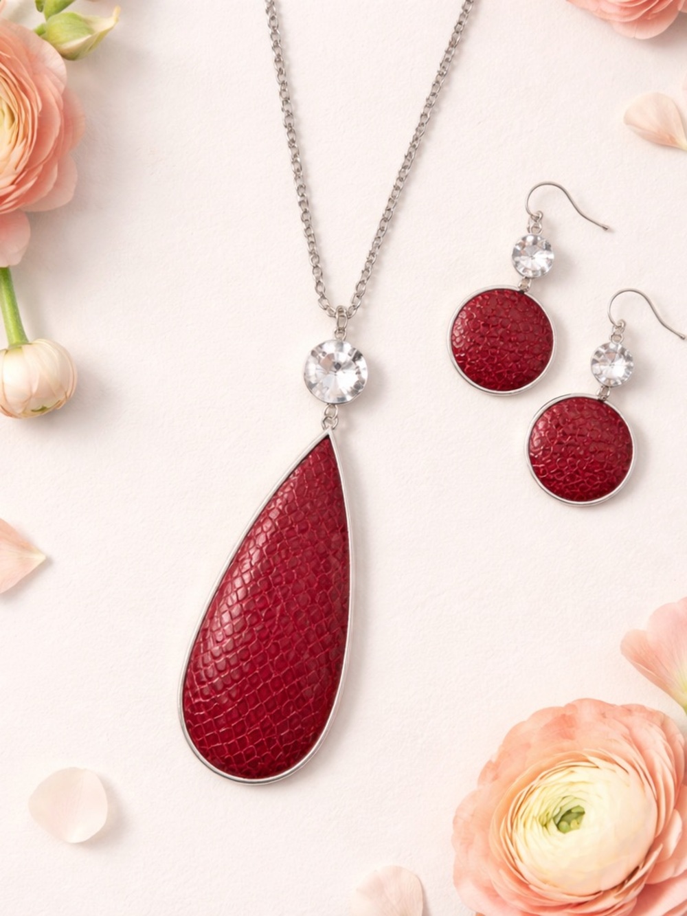 Red Teardrop Pendant Necklace with Matching Red Disc Earrings